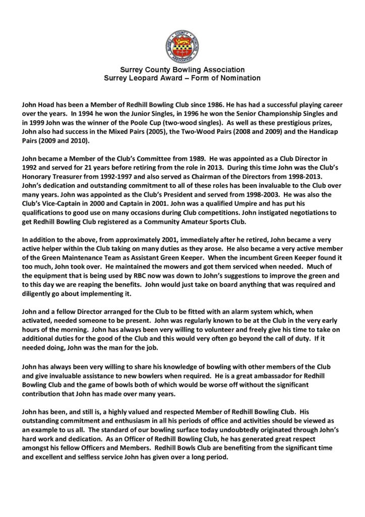 Leopard Award Redhill Bowling Club