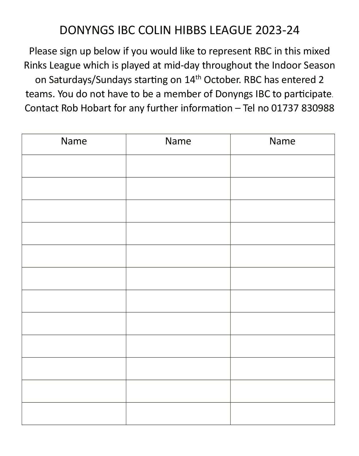 DONYNGS IBC LEAGUES FOR OUTDOOR CLUBS Redhill Bowling Club