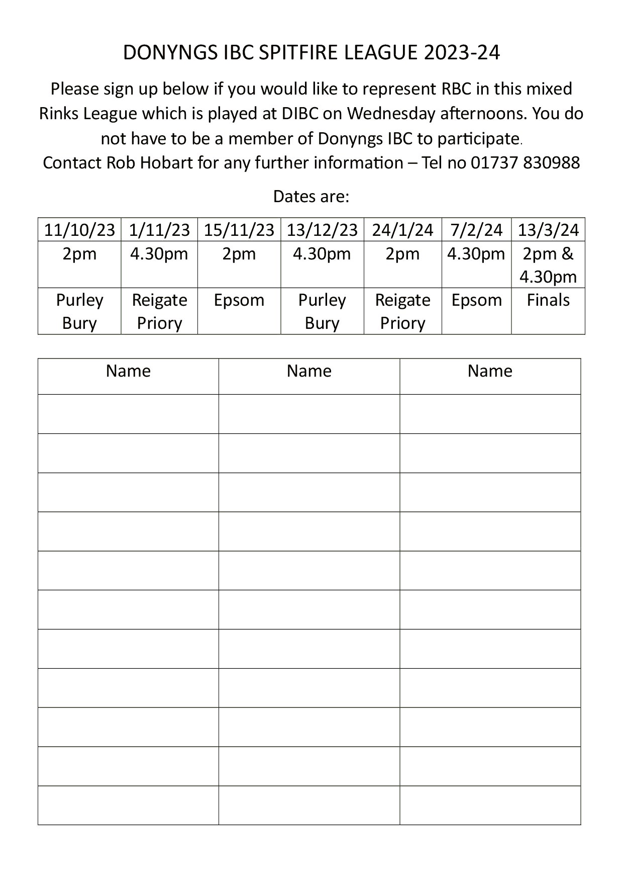DONYNGS IBC LEAGUES FOR OUTDOOR CLUBS Redhill Bowling Club